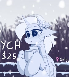 Size: 2000x2224 | Tagged: safe, artist:rieyadraws, oc, oc only, pony, advertisement, bench, cheek fluff, chocolate, clothes, commission, ear fluff, floppy ears, food, holly, hoof hold, hot chocolate, mug, open mouth, scarf, smiling, snow, snowfall, solo, sparkles, sparkly eyes, tree, wingding eyes, your character here