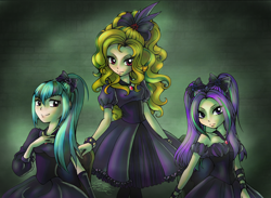 Size: 2866x2093 | Tagged: safe, artist:midnameowfries, adagio dazzle, aria blaze, sonata dusk, human, g4, clothes, dress, female, humanized, saloon dress, the dazzlings