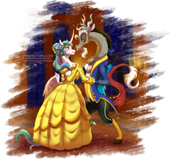 Size: 1300x1216 | Tagged: safe, artist:stepandy, discord, princess celestia, alicorn, draconequus, pony, semi-anthro, g4, alternate hairstyle, beauty and the beast, belle, bipedal, clothes, crossover, curved horn, disney, disney princess, disney style, dress, female, gown, horn, male, princess belle, ship:dislestia, shipping, simple background, straight, style emulation, the beast, transparent background