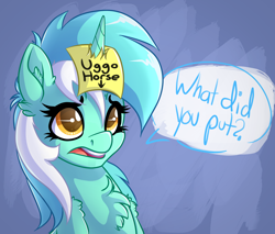 Size: 2654x2259 | Tagged: safe, artist:witchtaunter, lyra heartstrings, pony, unicorn, g4, abuse, blatant lies, bully, bullying, chest fluff, dialogue, ear fluff, female, horn, lies, lyrabuse, mare, sad, solo, sticky note