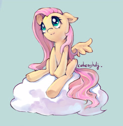 Size: 2419x2478 | Tagged: safe, artist:cuhenghdj, fluttershy, pegasus, pony, g4, cloud, cute, female, looking up, mare, on a cloud, shyabetes, simple background, sitting, sitting on a cloud, solo