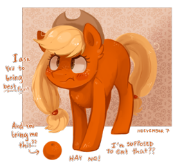 Size: 1050x1005 | Tagged: safe, artist:kyaokay, applejack, earth pony, pony, g4, :t, angry, applejack is not amused, blushing, chest fluff, dialogue, dishonorapple, dissatisfied, female, fluffy, food, frown, missing cutie mark, nose wrinkle, orange, solo, unamused