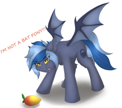 Size: 3299x2917 | Tagged: safe, artist:flapstune, oc, oc only, oc:pixi feather, bat pony, pony, angry, angry face, bat pony oc, bat wings, blatant lies, chest fluff, denial, ear fluff, fangs, female, fluffy, food, looking at you, mango, mare, signature, simple background, solo, spread wings, two toned mane, wings, yellow eyes