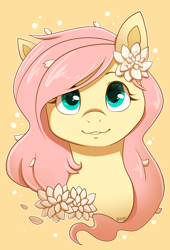 Size: 1548x2272 | Tagged: safe, artist:saber-panda, fluttershy, pegasus, pony, g4, bust, cute, female, flower, flower in hair, looking up, mare, petals, portrait, shyabetes, simple background, solo, yellow background