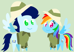 Size: 3553x2499 | Tagged: safe, anonymous artist, derpibooru exclusive, rainbow dash, soarin', pegasus, pony, series:soarindash relationship, series:soarindash romantic tales, g4, clothes, cosplay, costume, daring do costume, duo, duo male and female, female, looking at you, male, mare, pointy ponies, ship:soarindash, shipping, smiling, smiling at you, stallion, straight