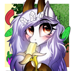 Size: 1427x1393 | Tagged: safe, artist:2pandita, oc, oc only, pony, banana, commission, eating, food, herbivore, passepartout, solo, ych result