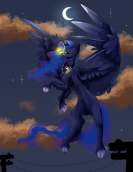 Size: 3611x4645 | Tagged: safe, artist:itzjaymoon20, princess luna, alicorn, firefly (insect), insect, pony, g4, absurd resolution, beautiful, blue eyes, blue mane, blue tail, cloud, concave belly, crescent moon, crown, cute, digital art, ethereal mane, ethereal tail, eyeshadow, feather, female, flowing mane, flowing tail, flying, glowing, happy, hoof shoes, horn, jewelry, lidded eyes, majestic, makeup, mare, moon, moonlight, night, night sky, outdoors, peytral, princess shoes, redraw, regalia, signature, sky, smiling, solo, sparkles, spread wings, starry mane, starry tail, stars, sternocleidomastoid, tail, unshorn fetlocks, wings