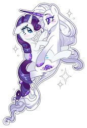 Size: 885x1292 | Tagged: safe, artist:lavender-bases, artist:lullabyprince, rarity, g4, alternate cutie mark, alternate design, alternate eye color, alternate hairstyle, alternate mane color, alternate tail color, alternate tailstyle, base used, blushing, duality, duo, duo female, eyeshadow, female, hug, leonine tail, looking at each other, looking at someone, makeup, mare, redesign, self paradox, simple background, tail, transparent background, unshorn fetlocks