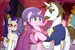 Size: 1500x1000 | Tagged: safe, artist:easyfox7, artist:ende26, cookie crumbles, hondo flanks, rarity, pony, unicorn, g4, blushing, carousel boutique, clothes, colored, colored sketch, dress, female, glasses, happy, horn, husband and wife, male, mare, measuring tape, mirror, rarity's parents, ship:cookieflanks, shipping, sketch, straight, suit