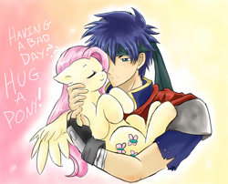 Size: 1275x1029 | Tagged: safe, artist:maplesugarpone, fluttershy, human, pony, g4, blushing, crossover, cute, female, fire emblem, holding a pony, hug, human on pony snuggling, ike, male, mare, nintendo, request, shyabetes, snuggling