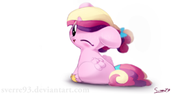 Size: 3308x1812 | Tagged: safe, artist:sverre93, princess cadance, alicorn, pony, g4, blushing, bow, chibi, cute, cutedance, female, filly, filly cadance, foal, hair bow, hnnng, looking at you, looking back, looking back at you, one eye closed, simple background, solo, sverre is trying to murder us, tail, tail bow, white background, wink, young, younger