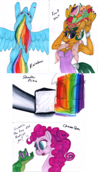 Size: 856x1500 | Tagged: safe, artist:sepiakeys, gummy, pinkie pie, rainbow dash, twilight sparkle, chameleon, pegasus, pony, g4, fruit, marker drawing, rainbow, traditional art