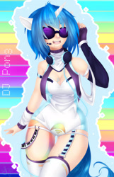 Size: 1600x2480 | Tagged: safe, artist:shuniyamasaki, dj pon-3, vinyl scratch, human, g4, boobie mark, breasts, busty vinyl scratch, cleavage, clothes, eared humanization, female, garter belt, headphones, horn, horned humanization, humanized, piercing, rainbow, socks, solo, sunglasses, tail, tailed humanization, thigh highs