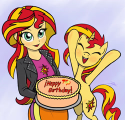 Size: 1800x1727 | Tagged: safe, artist:zetamad, sunset shimmer, human, pony, unicorn, equestria girls, g4, birthday cake, cake, cute, duo, eyes closed, female, food, happy, happy birthday, horn, human ponidox, mare, open mouth, open smile, self paradox, self ponidox, shimmerbetes, smiling