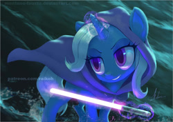 Size: 1160x822 | Tagged: safe, artist:grissaecrim, trixie, pony, unicorn, g4, clothes, female, glowing, glowing horn, hoodie, horn, levitation, lightsaber, magic, mare, signature, smiling, solo, star wars, telekinesis, watermark, weapon