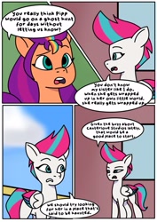 Size: 1131x1600 | Tagged: safe, artist:delilah1_riley, sunny starscout, zipp storm, earth pony, pegasus, pony, comic:pipp the poltergeist, fanfic:pipp the poltergeist, g5, my little pony: tell your tale, comic, commission, dialogue, duo, duo female, fanfic art, female, implied pipp petals, mare, outdoors