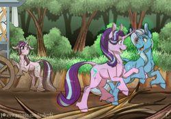 Size: 1792x1245 | Tagged: safe, artist:inuhoshi-to-darkpen, starlight glimmer, trixie, classical unicorn, pony, unicorn, g4, my little pony: friendship is magic, road to friendship, clone, cloven hooves, dirty, duo, female, hoo'far's wagon, horn, leonine tail, mare, patreon, patreon logo, sad, tail, transparent, unshorn fetlocks, wagon