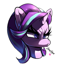 Size: 1551x1691 | Tagged: safe, artist:sourspot, starlight glimmer, pony, unicorn, g4, bust, female, grumpy, horn, mare, portrait, signature, simple background, solo, unamused, white background