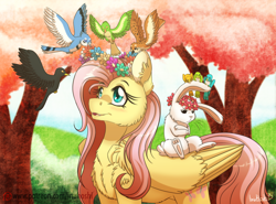 Size: 2032x1500 | Tagged: safe, artist:inuhoshi-to-darkpen, angel bunny, fluttershy, bird, pegasus, pony, g4, cute, cute little fangs, fangs, female, floral head wreath, flower, mare, patreon, patreon logo, shyabetes, wreath