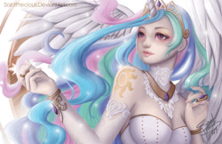 Size: 1224x792 | Tagged: safe, artist:saintprecious, princess celestia, human, g4, clothes, female, horn, horned humanization, humanized, jewelry, lace, solo, winged humanization, wings