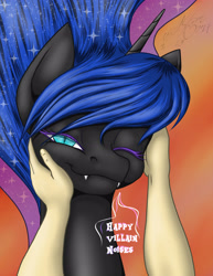 Size: 2153x2786 | Tagged: safe, artist:ravvij, nightmare moon, alicorn, human, pony, g4, content, cuddling, cute, descriptive noise, ear scratch, fangs, female, hand, happy, horse noises, looking at you, mare, moonabetes, smiling, snuggling, solo