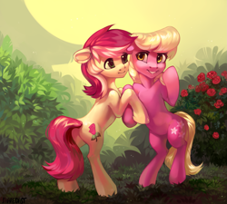 Size: 2583x2322 | Tagged: safe, artist:share dast, lily, lily valley, roseluck, earth pony, pony, g4, bipedal, duo, duo female, female, flower, mare, rearing, rose