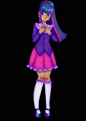 Size: 1245x1760 | Tagged: safe, artist:kitamondrawsstuff, twilight sparkle, human, g4, alternate hairstyle, black background, clothes, ear piercing, earring, female, flats, humanized, jewelry, open mouth, piercing, shirt, shoes, simple background, skirt, solo, stockings, thigh highs