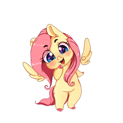 Size: 2449x2449 | Tagged: safe, artist:miokomata, fluttershy, pegasus, pony, g4, bipedal, blushing, chibi, colored hooves, cute, female, floating wings, freckles, head tilt, hoof on chin, hooves, looking at you, mare, shyabetes, simple background, smiling, transparent background, wings