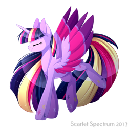 Size: 1050x1050 | Tagged: safe, artist:scarlet-spectrum, twilight sparkle, alicorn, pony, g4, eyes closed, female, long mane, long tail, mare, rainbow power, simple background, slender, smiling, solo, spread wings, tail, thin, transparent background, twilight sparkle (alicorn), wings