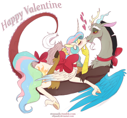 Size: 1400x1295 | Tagged: safe, artist:stepandy, discord, princess celestia, alicorn, draconequus, pony, g4, blushing, bow, eyes closed, eyeshadow, female, heart, holiday, kissing, lidded eyes, makeup, male, mare, ribbon, ship:dislestia, shipping, simple background, straight, tail, tail bow, transparent background, underhoof, unshorn fetlocks, valentine's day