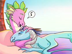 Size: 1600x1200 | Tagged: safe, artist:loryska, princess ember, spike, dragon, g4, gauntlet of fire, my little pony: friendship is magic, cuddling, eyes closed, female, hug, male, music notes, older, older spike, open mouth, pictogram, pillow, ship:emberspike, shipping, smiling, snuggling, straight