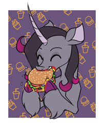 Size: 966x1189 | Tagged: safe, artist:thescornfulreptilian, oleander (tfh), classical unicorn, pony, unicorn, them's fightin' herds, burger, cloven hooves, community related, eyes closed, food, hamburger, hoof hold, horn, meat, passepartout, ponies eating meat, solo, unshorn fetlocks