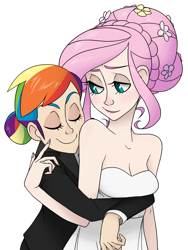 Size: 1200x1600 | Tagged: safe, artist:thelivingmachine02, fluttershy, rainbow dash, human, g4, alternate hairstyle, bedroom eyes, breasts, cleavage, clothes, dress, eyes closed, female, flower, flower in hair, hug, humanized, lesbian, marriage, poking, ship:flutterdash, shipping, smiling, wedding