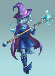 Size: 1059x1473 | Tagged: safe, artist:tzc, trixie, human, equestria girls, g4, abstract background, boots, cape, clothes, eyelashes, female, hairpin, hat, long sleeves, mage, shoes, solo, staff, stars, trixie's cape, trixie's hat