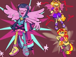 Size: 2000x1500 | Tagged: safe, artist:justinsert_name, adagio dazzle, sunset shimmer, twilight sparkle, human, siren, equestria girls, g4, my little pony equestria girls: rainbow rocks, clothes, disguise, disguised siren, eyes closed, female, gem, lidded eyes, microphone, ponied up, singing, siren gem, wings