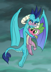 Size: 2065x2905 | Tagged: safe, artist:loreto-arts, princess ember, spike, dragon, g4, gauntlet of fire, my little pony: friendship is magic, blushing, female, hug, male, protecting, ship:emberspike, shipping, straight