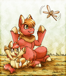 Size: 1340x1550 | Tagged: safe, artist:inuhoshi-to-darkpen, apple bloom, big macintosh, earth pony, pony, brotherhooves social, g4, my little pony: friendship is magic, adorabloom, baby, baby apple bloom, baby pony, brother and sister, cute, daaaaaaaaaaaw, diaper, ear fluff, female, filly, fluffy, foal, happy, macabetes, male, open mouth, open smile, playing, siblings, smiling, stallion, toy, underhoof, unshorn fetlocks, younger