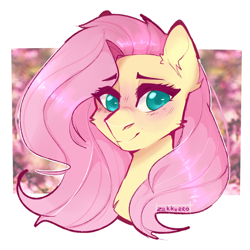 Size: 1024x1024 | Tagged: safe, artist:zakkurro, fluttershy, pegasus, pony, g4, abstract background, blushing, bust, cheek fluff, colored pupils, cute, ear fluff, female, mare, portrait, shyabetes, solo