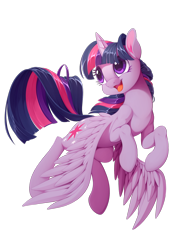 Size: 1240x1748 | Tagged: safe, artist:lordyanyu, twilight sparkle, alicorn, pony, g4, female, flying, horn, mare, open mouth, open smile, simple background, smiling, solo, spread wings, transparent background, twilight sparkle (alicorn), wings, wings down