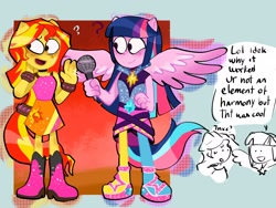 Size: 2048x1536 | Tagged: safe, artist:justinsert_name, sunset shimmer, twilight sparkle, alicorn, human, equestria girls, g4, my little pony equestria girls: rainbow rocks, bare shoulders, clothes, duo, duo female, female, microphone, nervous, ponied up, pony ears, question mark, sleeveless, smiling, twilight sparkle (alicorn)