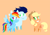 Size: 3553x2499 | Tagged: safe, anonymous artist, derpibooru exclusive, applejack, rainbow dash, soarin', earth pony, pegasus, pony, series:soarindash relationship, series:soarindash romantic tales, g4, blushing, female, male, mare, orange background, pointy ponies, ship:soarindash, shipping, simple background, smiling, stallion, straight, trio