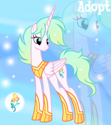 Size: 1280x1446 | Tagged: safe, artist:vi45, oc, oc only, alicorn, pony, adoptable, base used, blue eyes, concave belly, ethereal mane, ethereal tail, eyelashes, female, female oc, folded wings, gradient background, gradient mane, gradient tail, hoof shoes, horn, light pink coat, long horn, mare, mare oc, peytral, pink coat, princess shoes, slender, smiling, solo, sparkles, sparkly mane, sparkly tail, standing, tail, tall, thin, three quarter view, turned head, unicorn horn, wavy tail, wings, zoom layer