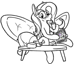 Size: 539x441 | Tagged: safe, artist:dinexistente, fluttershy, pegasus, pony, g4, black and white, blushing, cellphone, couch, drink, drinking, grayscale, monochrome, phone, soda, solo