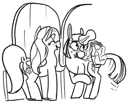 Size: 582x509 | Tagged: safe, artist:dinexistente, fluttershy, twilight sparkle, pegasus, pony, unicorn, g4, alcohol, bashful, black and white, blush lines, blushing, bottle, bouquet, butt, door, duo, female, flower, flutterbutt, front door, grayscale, grin, lesbian, levitation, magic, monochrome, nervous, nervous smile, plot, rose, ship:twishy, shipping, simple background, smiling, telekinesis, unicorn twilight, white background, wine, wine bottle