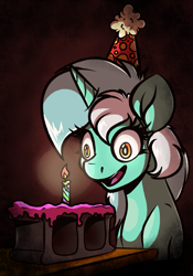 Size: 2049x2927 | Tagged: safe, artist:witchtaunter, lyra heartstrings, pony, unicorn, g4, birthday, birthday candles, brick, cake, candle, cinder block, concrete, crying inside, dead stare, faic, female, food, happy birthday, happy birthday to me, hat, horn, insanity, lonely, mare, party hat, sad, smiling, solo, this will end in broken teeth