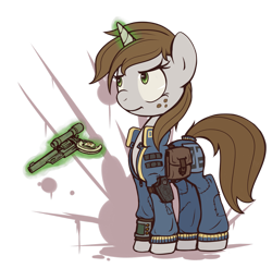 Size: 2469x2428 | Tagged: safe, artist:inlucidreverie, oc, oc only, oc:littlepip, pony, unicorn, fallout equestria, bag, blood, blood splatter, clothes, fallout, fanfic, fanfic art, female, freckles, frown, glare, glowing, glowing horn, gun, handgun, holster, hooves, horn, jumpsuit, levitation, little macintosh, magic, mare, optical sight, pipboy, pipbuck, revolver, saddle bag, simple background, solo, telekinesis, transparent background, vault suit, weapon