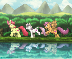 Size: 2061x1682 | Tagged: safe, artist:inuhoshi-to-darkpen, apple bloom, scootaloo, sweetie belle, classical unicorn, earth pony, pegasus, pony, unicorn, g4, cloud, cloven hooves, cutie mark crusaders, feathered fetlocks, female, filly, fluffy, foal, horn, leonine tail, mountain, patreon, patreon logo, raised hoof, reflection, river, running, scenery, signature, sky, tail, the cmc's cutie marks, trio, unshorn fetlocks, water