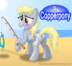 Size: 1052x965 | Tagged: safe, artist:aleximusprime, derpy hooves, pegasus, pony, g4, bikini, blushing, bubble butt, butt, clothes, coppertone parody, cute, derpabetes, female, fishing rod, i just don't know what went wrong, mare, plot, side-tie bikini, solo, swimsuit, tan lines, undressing