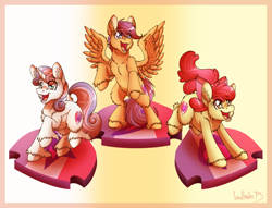 Size: 1700x1300 | Tagged: safe, artist:inuhoshi-to-darkpen, apple bloom, scootaloo, sweetie belle, earth pony, pegasus, pony, unicorn, crusaders of the lost mark, g4, my little pony: friendship is magic, season 5, backwards cutie mark, cutie mark, cutie mark crusaders, female, filly, fluffy, foal, horn, open mouth, open smile, rearing, smiling, spread wings, the cmc's cutie marks, unshorn fetlocks, wings