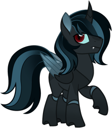 Size: 1586x1814 | Tagged: safe, artist:strawberry-spritz, oc, oc only, oc:grimoire, changepony, hybrid, g4, base used, black body, blue mane, blue sclera, blue tail, blue wingtips, coat markings, colored pinnae, colored sclera, colored wings, colored wingtips, commission, countershading, curved horn, facial markings, fangs, folded wings, frown, gradient mane, gradient pinnae, gradient tail, horn, hybrid wings, interspecies offspring, leg markings, looking back, male, male oc, offspring, parent:king sombra, parent:queen chrysalis, parents:chrysombra, profile, raised leg, red eyes, simple background, solo, stallion oc, standing, standing on three hooves, tail, transparent background, transparent wings, wings